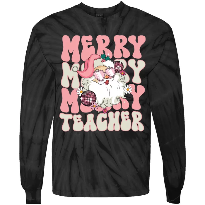 Merry Teacher Christmas Retro Wavy Pink Teacher Tie-Dye Long Sleeve Shirt