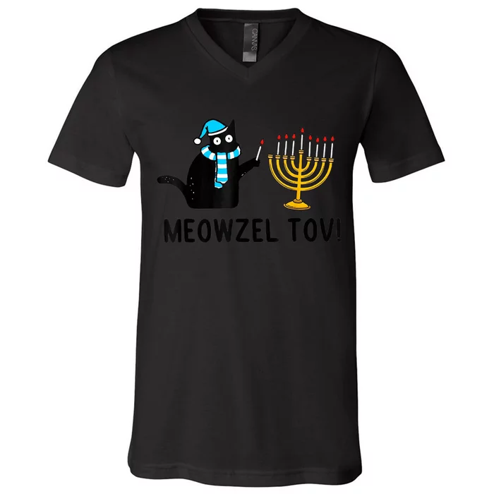 Meowzel Tov Chanukah Jewish Cat Owner Ugly Hanukkah Gift V-Neck T-Shirt