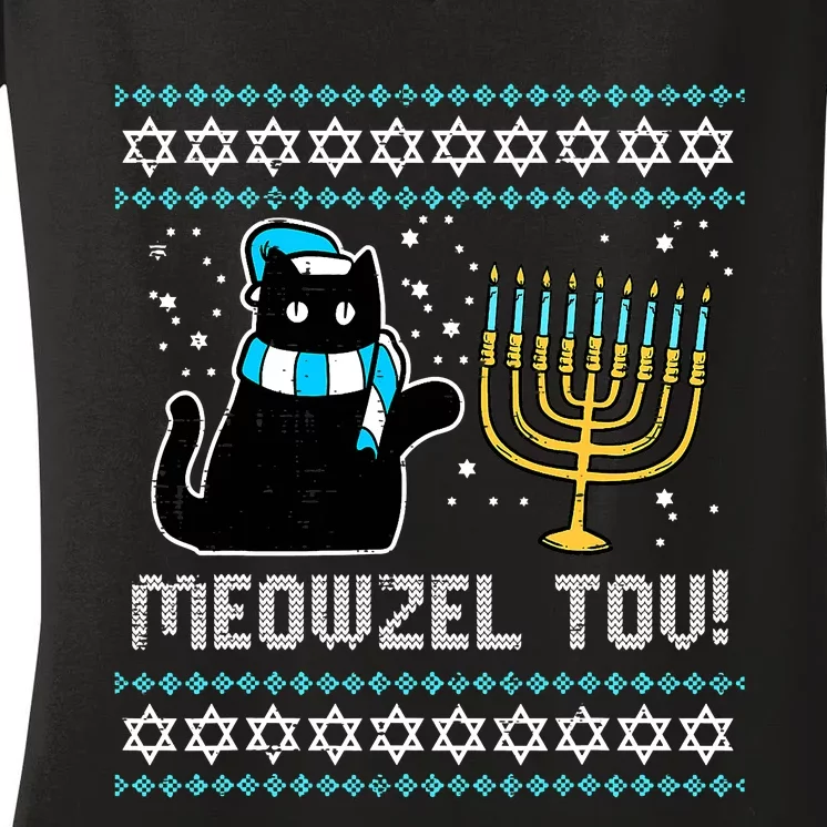 Meowzel Tov Chanukah Funny Jewish Cat Owner Ugly Hanukkah Women's V-Neck T-Shirt