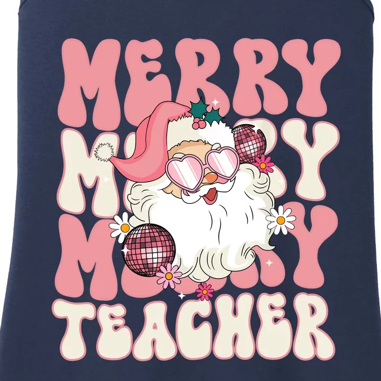 Merry Teacher Christmas Retro Wavy Pink Teacher Ladies Essential Tank