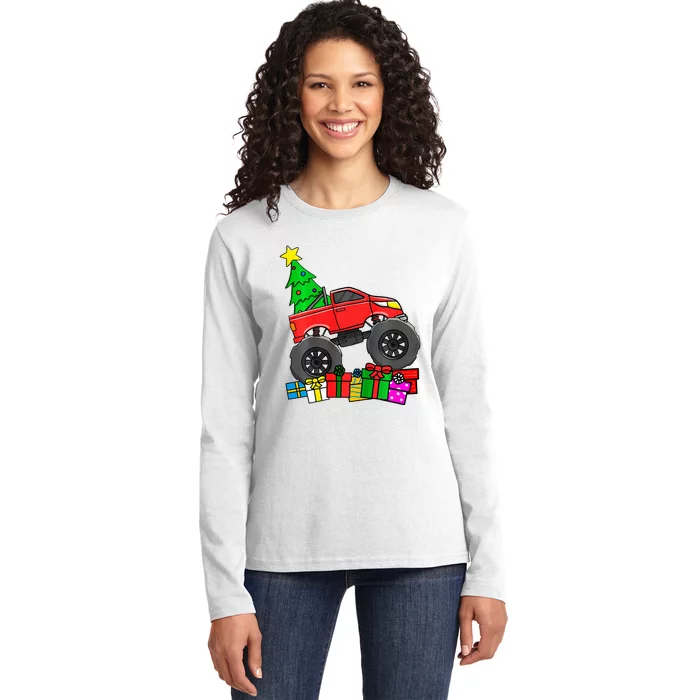 Monster Truck Christmas Tree Ladies Long Sleeve Shirt