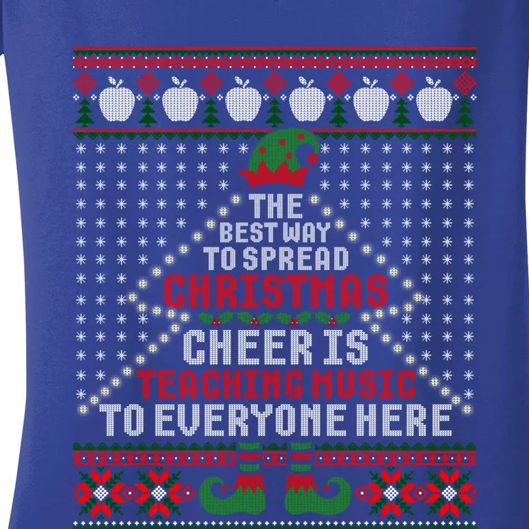 Music Teacher Christmas Cool Gift Elf Cheer Ugly Xmas Sweater Great Gift Women's V-Neck T-Shirt