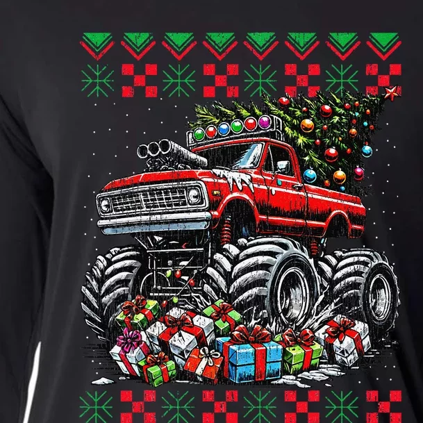 Monster Truck Crushing Christmas Tree Cooling Performance Long Sleeve Crew