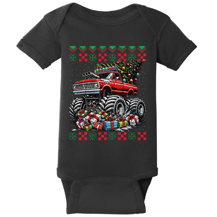 Monster Truck Crushing Christmas Tree Baby Bodysuit