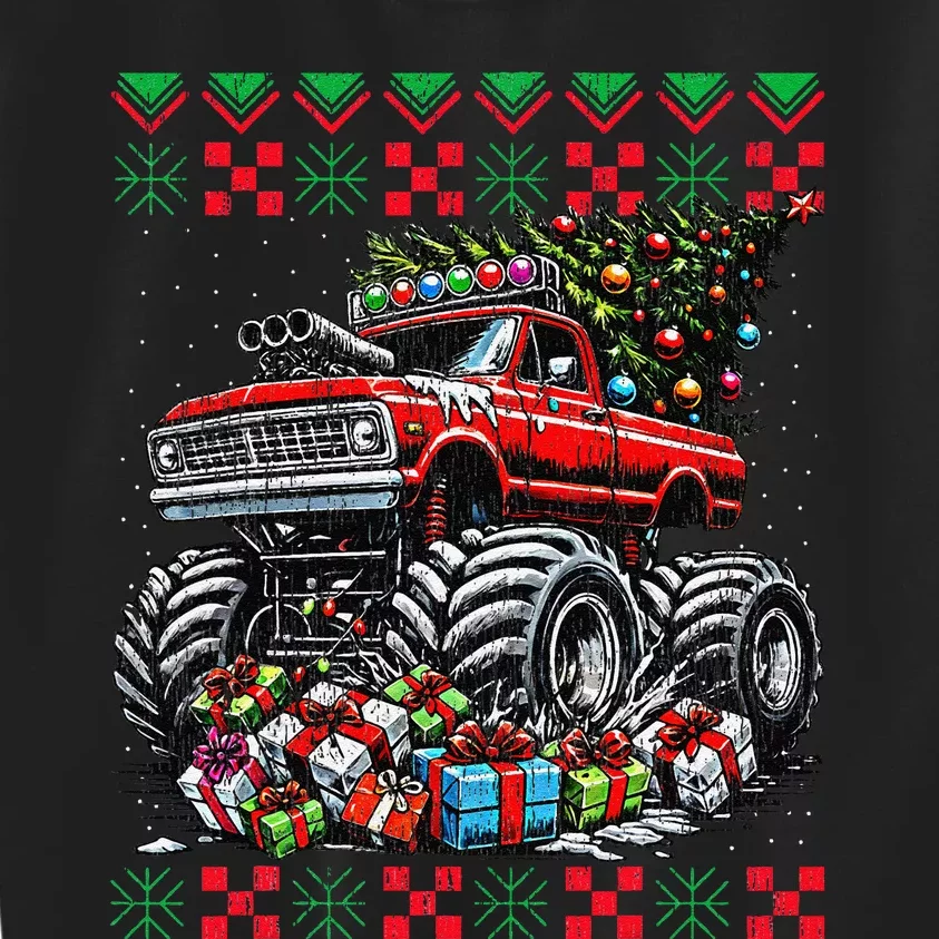 Monster Truck Crushing Christmas Tree Kids Sweatshirt