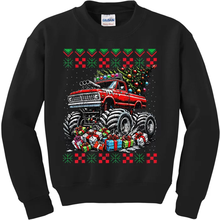 Monster Truck Crushing Christmas Tree Kids Sweatshirt