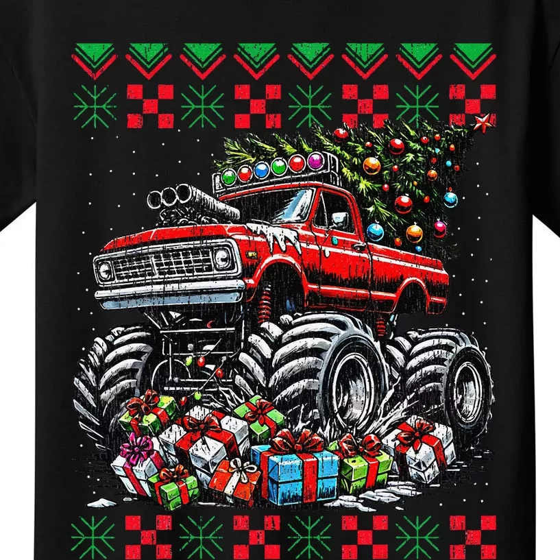 Monster Truck Crushing Christmas Tree Kids T-Shirt