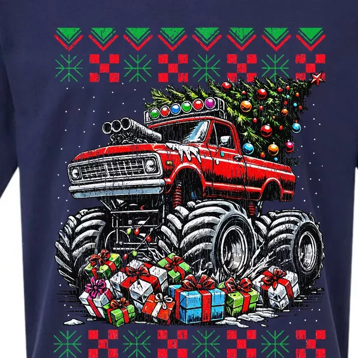 Monster Truck Crushing Christmas Tree Sueded Cloud Jersey T-Shirt