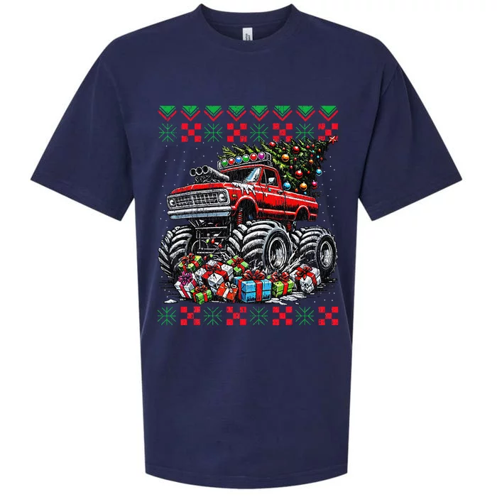 Monster Truck Crushing Christmas Tree Sueded Cloud Jersey T-Shirt