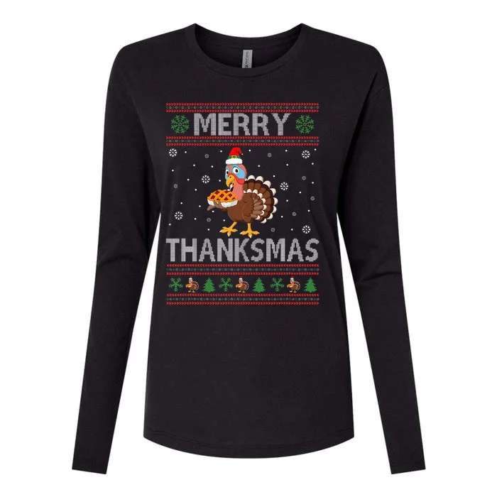 Merry Thanksmas Christmas Thanksgiving Turkey Womens Cotton Relaxed Long Sleeve T-Shirt