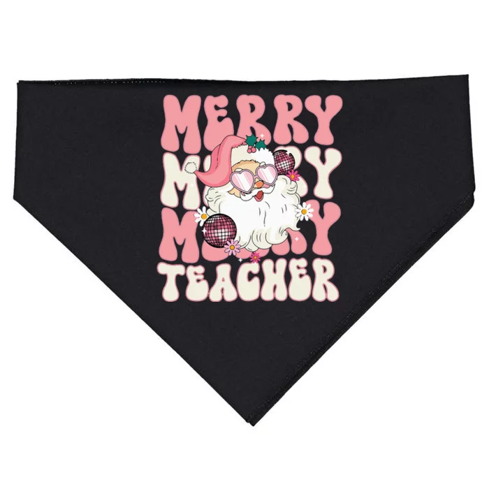 Merry Teacher Christmas Retro Wavy Pink Teacher USA-Made Doggie Bandana