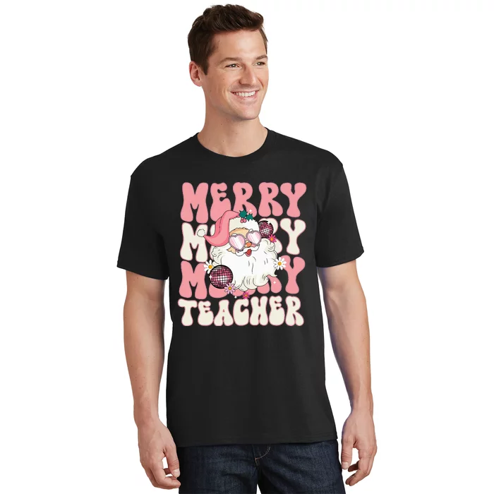 Merry Teacher Christmas Retro Wavy Pink Teacher T-Shirt