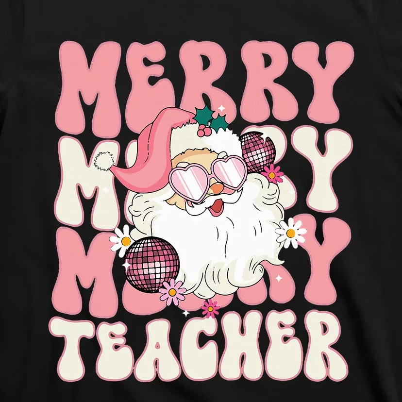 Merry Teacher Christmas Retro Wavy Pink Teacher T-Shirt