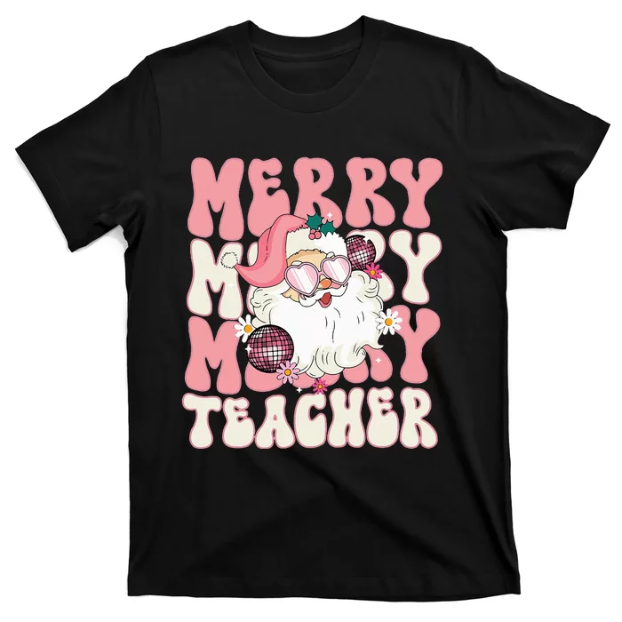 Merry Teacher Christmas Retro Wavy Pink Teacher T-Shirt