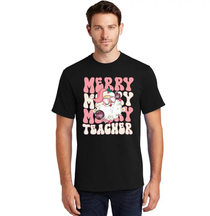 Merry Teacher Christmas Retro Wavy Pink Teacher Tall T-Shirt