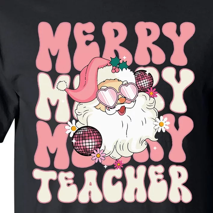 Merry Teacher Christmas Retro Wavy Pink Teacher Tall T-Shirt