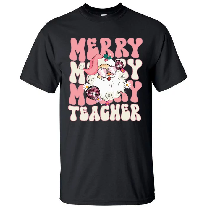 Merry Teacher Christmas Retro Wavy Pink Teacher Tall T-Shirt