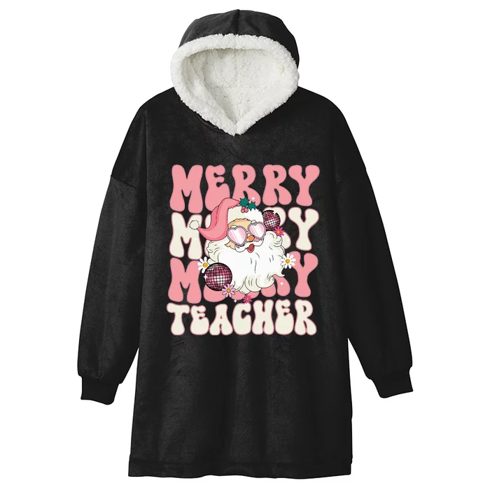 Merry Teacher Christmas Retro Wavy Pink Teacher Hooded Wearable Blanket