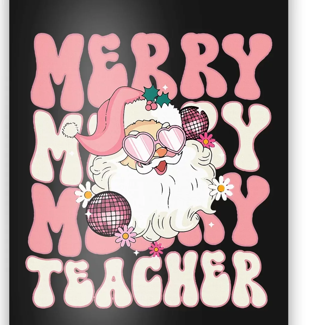 Merry Teacher Christmas Retro Wavy Pink Teacher Poster