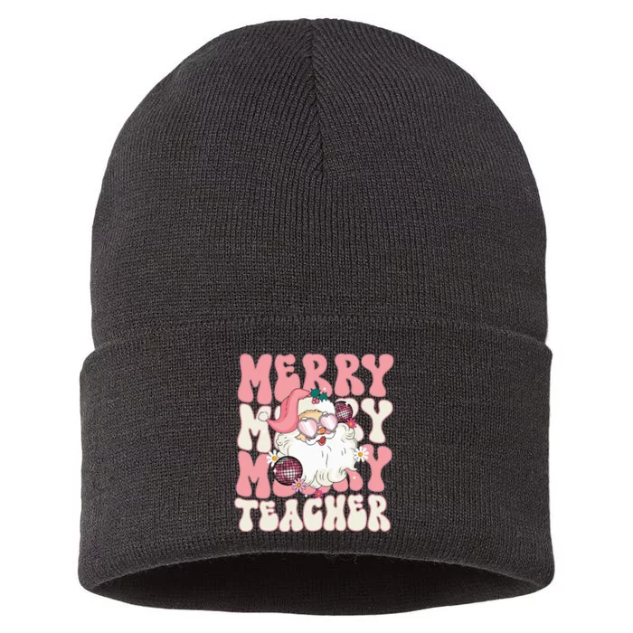 Merry Teacher Christmas Retro Wavy Pink Teacher Sustainable Knit Beanie