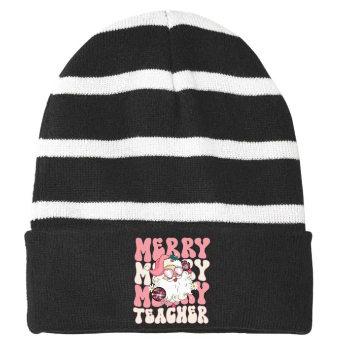 Merry Teacher Christmas Retro Wavy Pink Teacher Striped Beanie with Solid Band