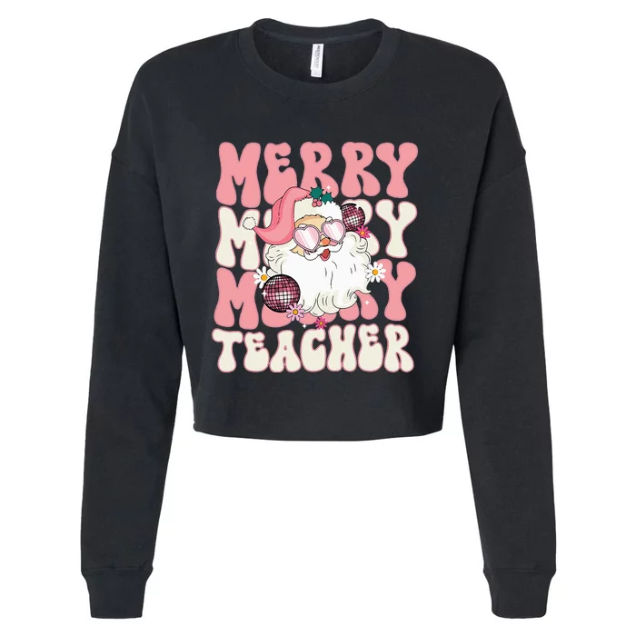 Merry Teacher Christmas Retro Wavy Pink Teacher Cropped Pullover Crew