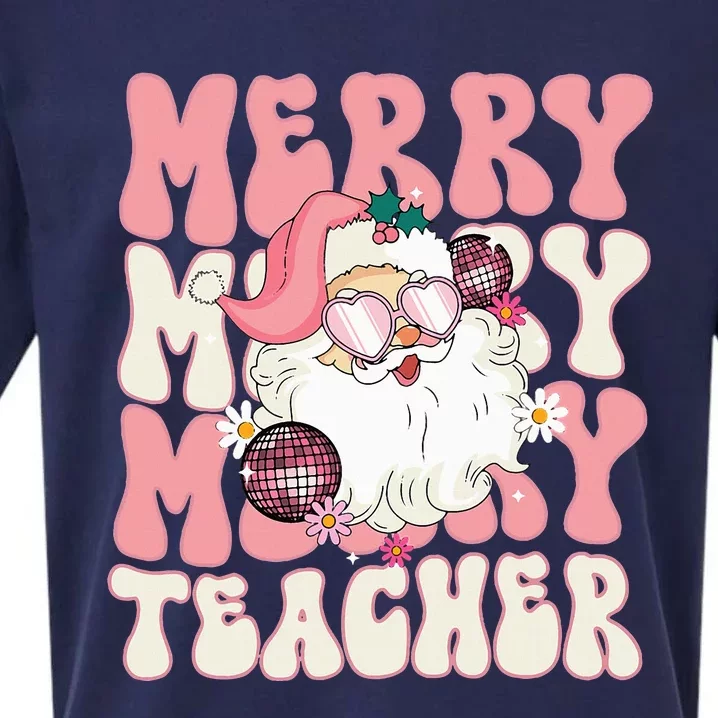 Merry Teacher Christmas Retro Wavy Pink Teacher Sueded Cloud Jersey T-Shirt