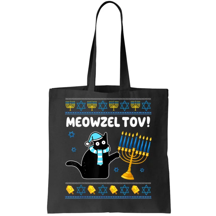 Meowzel Tov Chanukah Jewish Black Cat Hanukkah Ugly Sweater Tote Bag