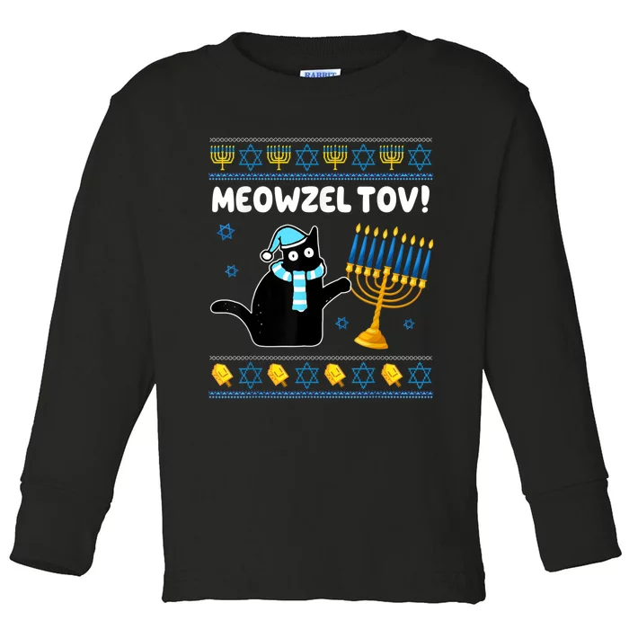 Meowzel Tov Chanukah Jewish Black Cat Hanukkah Ugly Sweater Toddler Long Sleeve Shirt