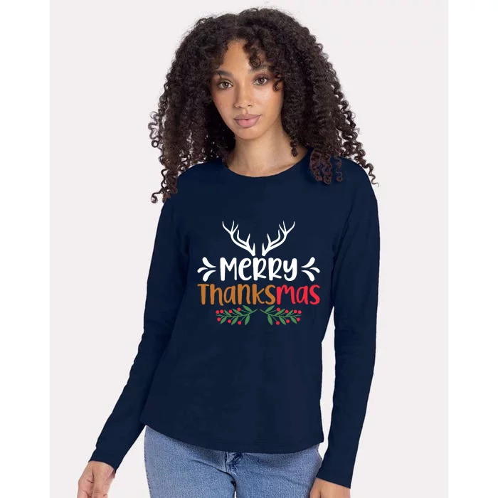 Merry Thanksmas Christmas Thanksgiving Turkey Santa Womens Cotton Relaxed Long Sleeve T-Shirt