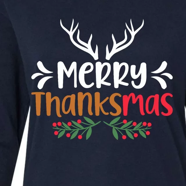 Merry Thanksmas Christmas Thanksgiving Turkey Santa Womens Cotton Relaxed Long Sleeve T-Shirt