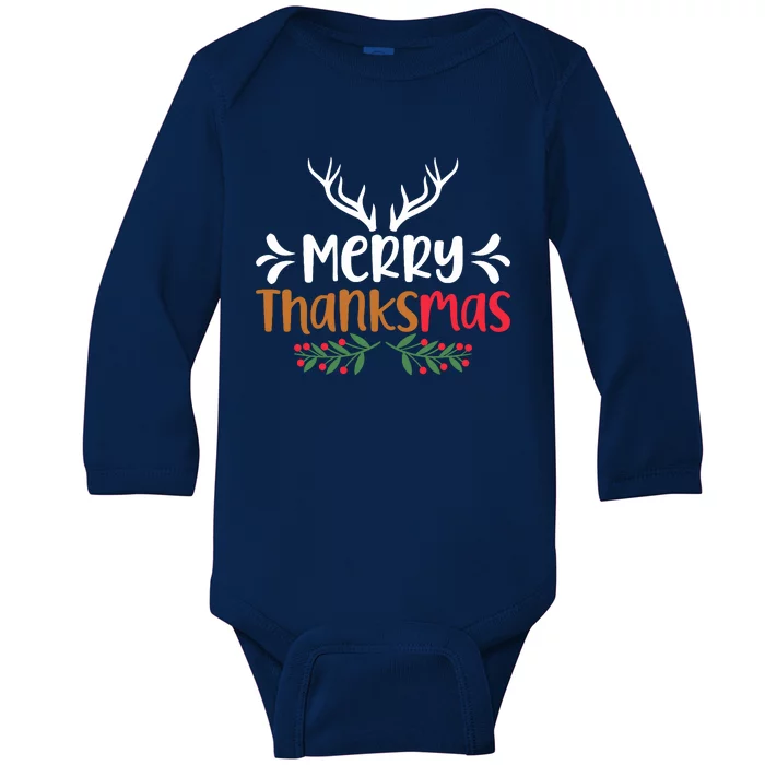 Merry Thanksmas Christmas Thanksgiving Turkey Santa Baby Long Sleeve Bodysuit