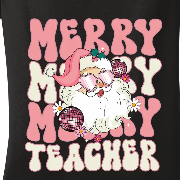 Merry Teacher Christmas Retro Wavy Teacher Women's V-Neck T-Shirt