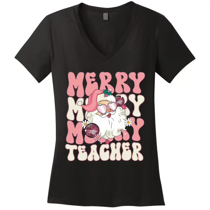 Merry Teacher Christmas Retro Wavy Teacher Women's V-Neck T-Shirt