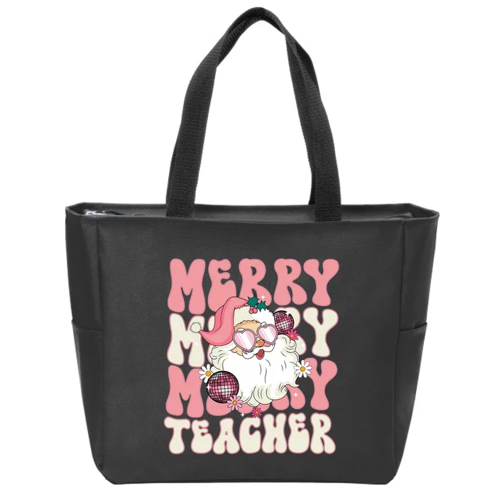 Merry Teacher Christmas Retro Wavy Teacher Zip Tote Bag