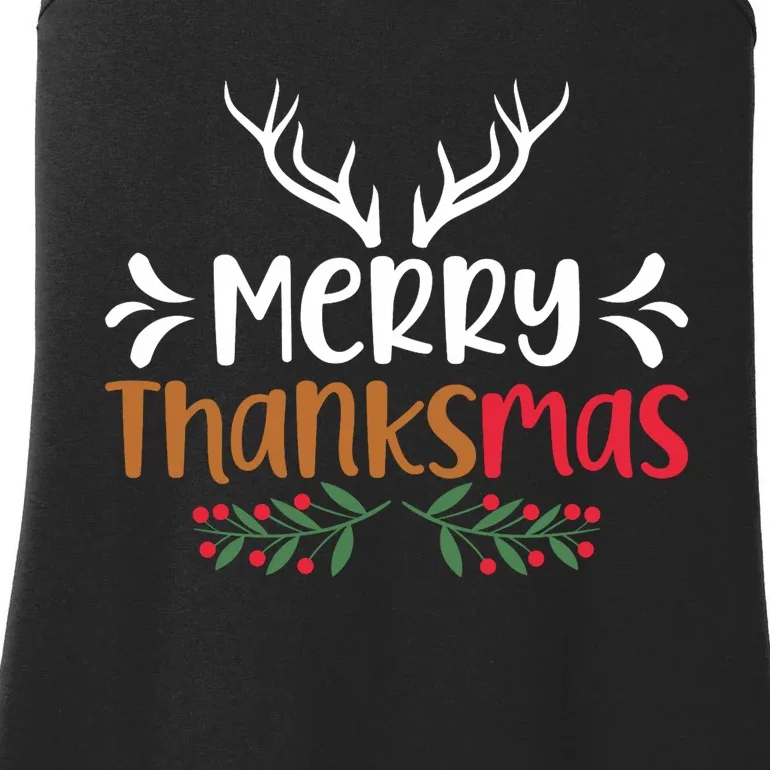 Merry Thanksmas Christmas Thanksgiving Turkey Santa Long Sleeve Ladies Essential Tank