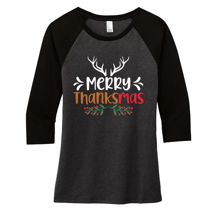 Merry Thanksmas Christmas Thanksgiving Turkey Santa Long Sleeve Women's Tri-Blend 3/4-Sleeve Raglan Shirt