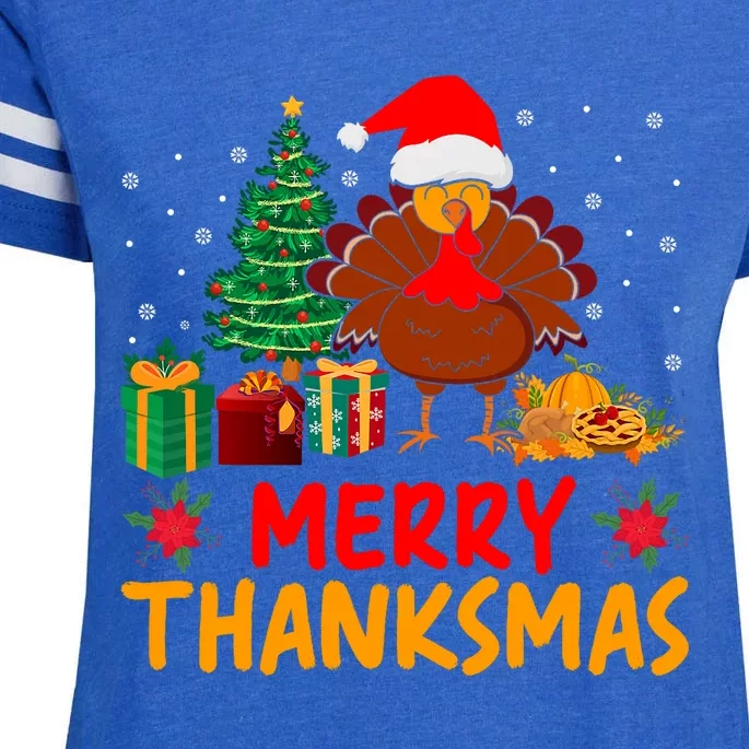 Merry Thanksmas Christmas Thanksgiving Turkey Santa Enza Ladies Jersey Football T-Shirt