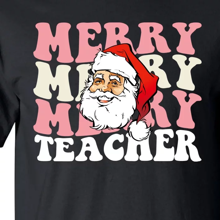 Merry Teacher Christmas Retro Wavy Pink Teacher Tall T-Shirt