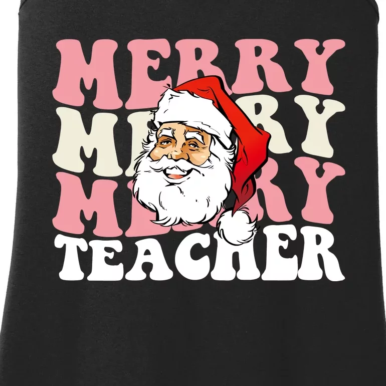 Merry Teacher Christmas Retro Wavy Pink Teacher Ladies Essential Tank