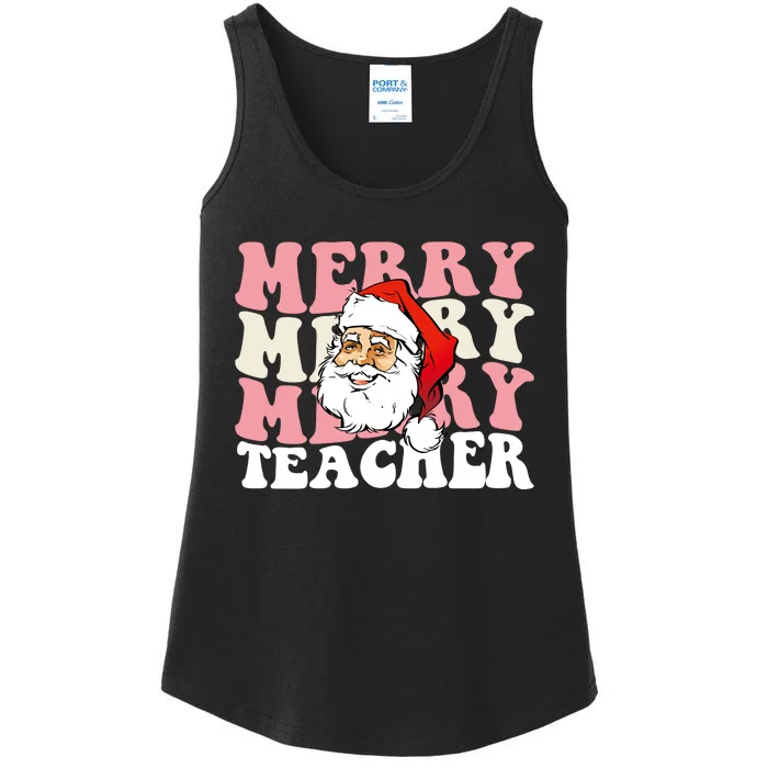 Merry Teacher Christmas Retro Wavy Pink Teacher Ladies Essential Tank