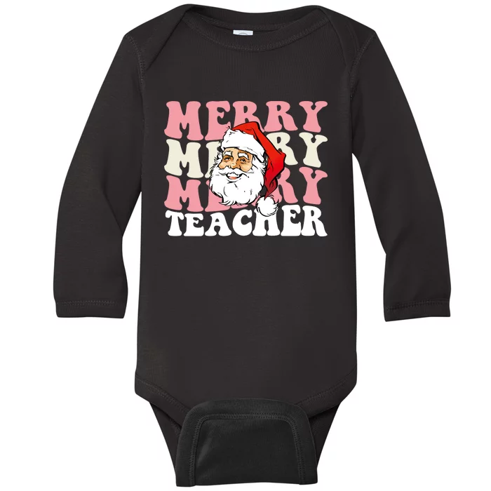 Merry Teacher Christmas Retro Wavy Pink Teacher Baby Long Sleeve Bodysuit