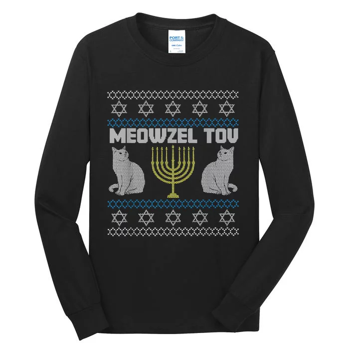 Meowzel Tov Cat Hanukkah Ugly Sweater Gifts For Cat Lovers Tall Long Sleeve T-Shirt