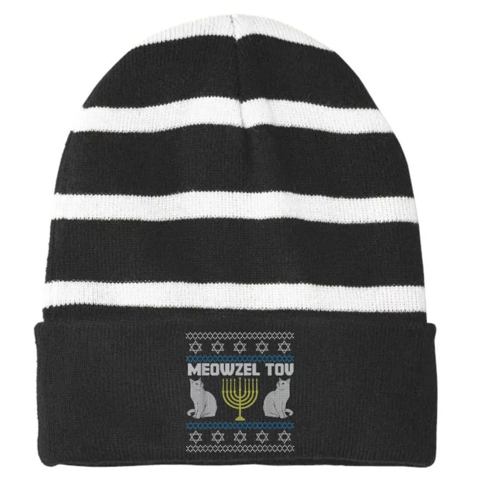 Meowzel Tov Cat Hanukkah Ugly Sweater Gifts For Cat Lovers Striped Beanie with Solid Band