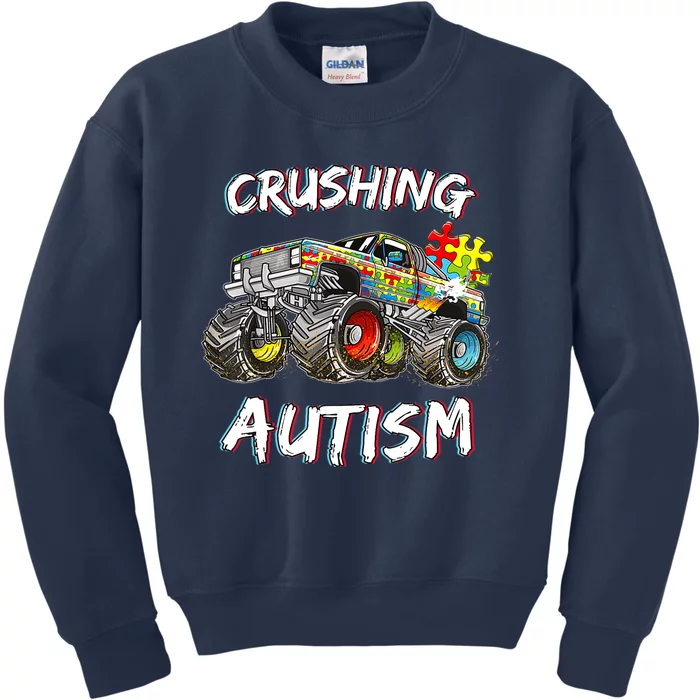 Monster Truck Crushing Austim Awareness Kids Sweatshirt