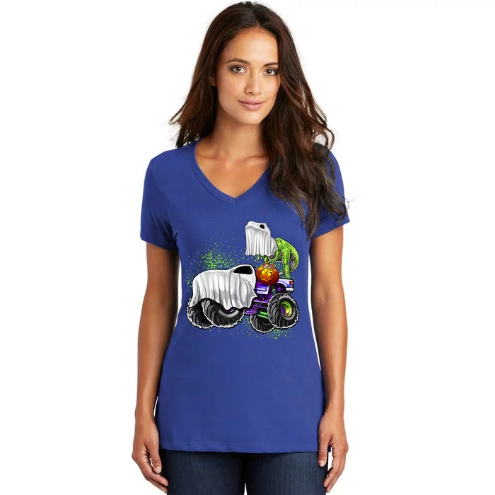 Monster Truck Dinosaur Ghost Halloween TrickOrTreat Funny Gift Women's V-Neck T-Shirt