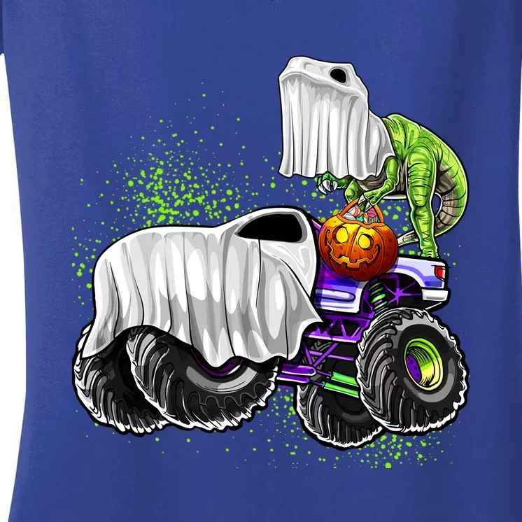 Monster Truck Dinosaur Ghost Halloween TrickOrTreat Funny Gift Women's V-Neck T-Shirt