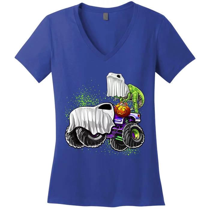 Monster Truck Dinosaur Ghost Halloween TrickOrTreat Funny Gift Women's V-Neck T-Shirt