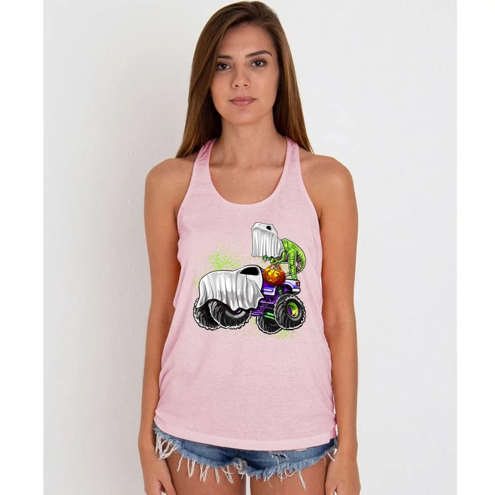 Monster Truck Dinosaur Ghost Halloween TrickOrTreat Funny Gift Women's Knotted Racerback Tank