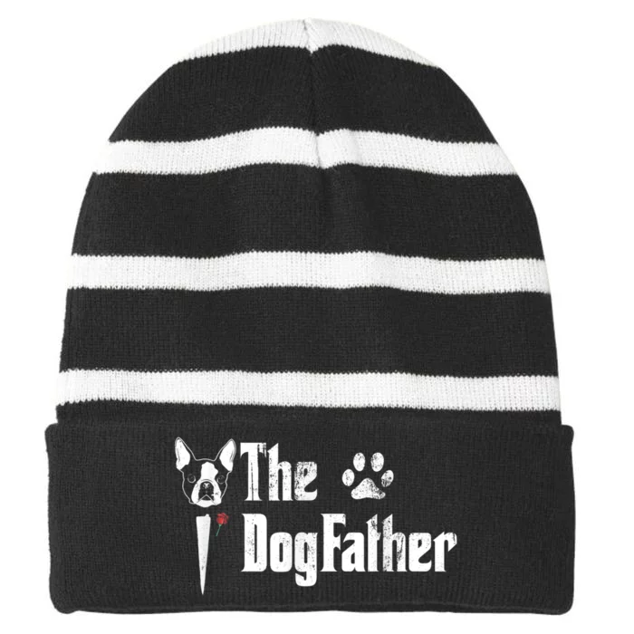 Men The Dogfather Boston Terrier Dog Dad Fathers Day Striped Beanie with Solid Band